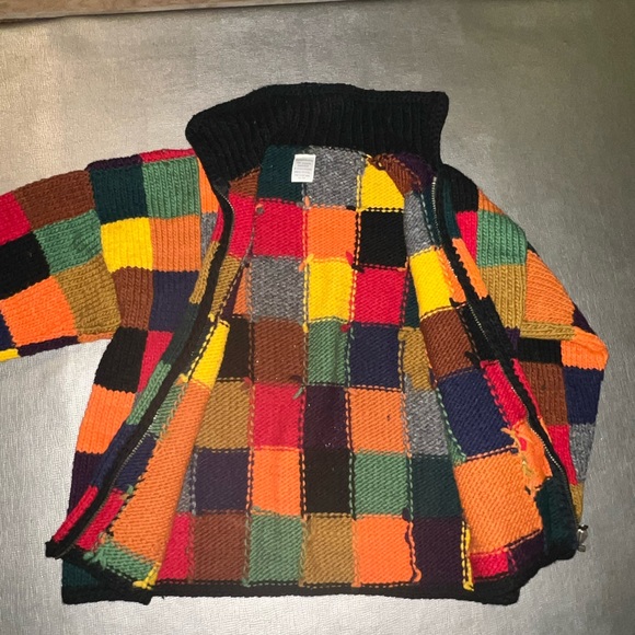 Color block handmade in Guatemala wool zip front sweater large - Picture 2 of 4